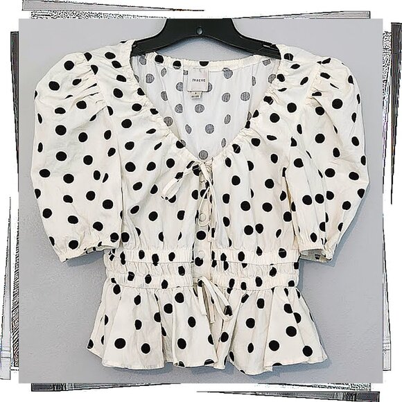 Black & White Polka Dot Peplum Button Front / Tie Style Top (S) by Maeve - Picture 3 of 4